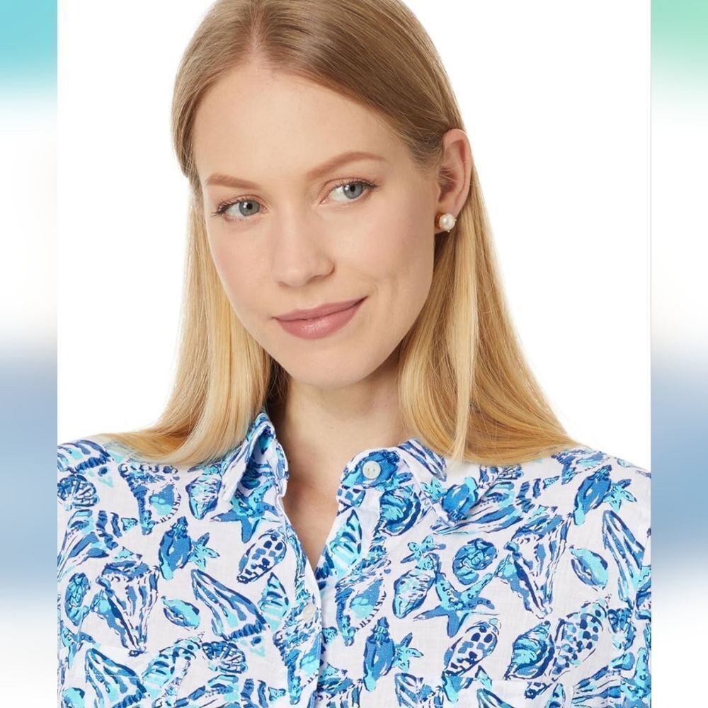 Lilly Pulitzer Resort Shell Coastal Cowgirl Beachy Chic Tropical Linen Top L - Picture 10 of 10